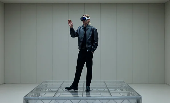 Person wearing a VR headset stands on a transparent platform in a minimalist room and gestures in the virtual environment. (photo)