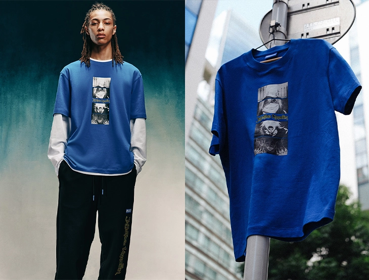 Split image: a person wearing a blue graphic T-shirt; beside it, the same T-shirt hanging from a basketball hoop outdoors. (photo)