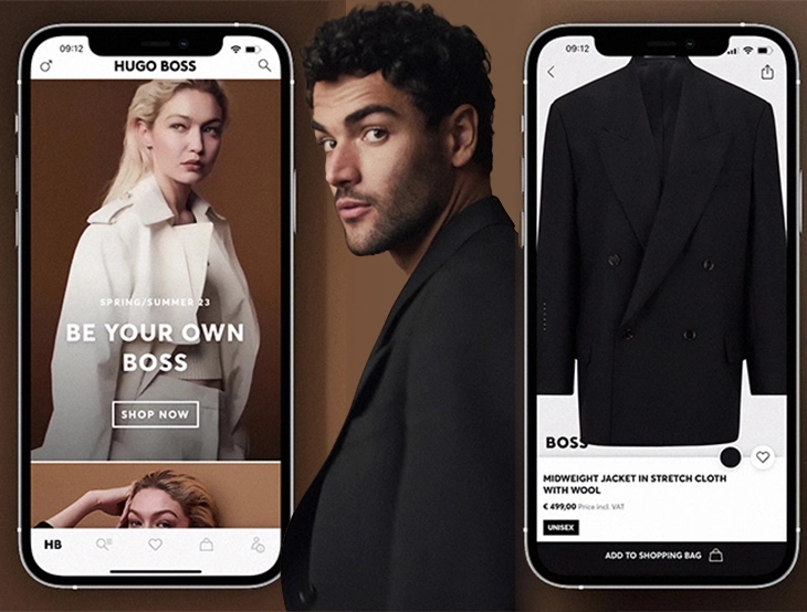 Man standing between two smartphones displaying a fashion shopping app with clothing and a product page (photo)
